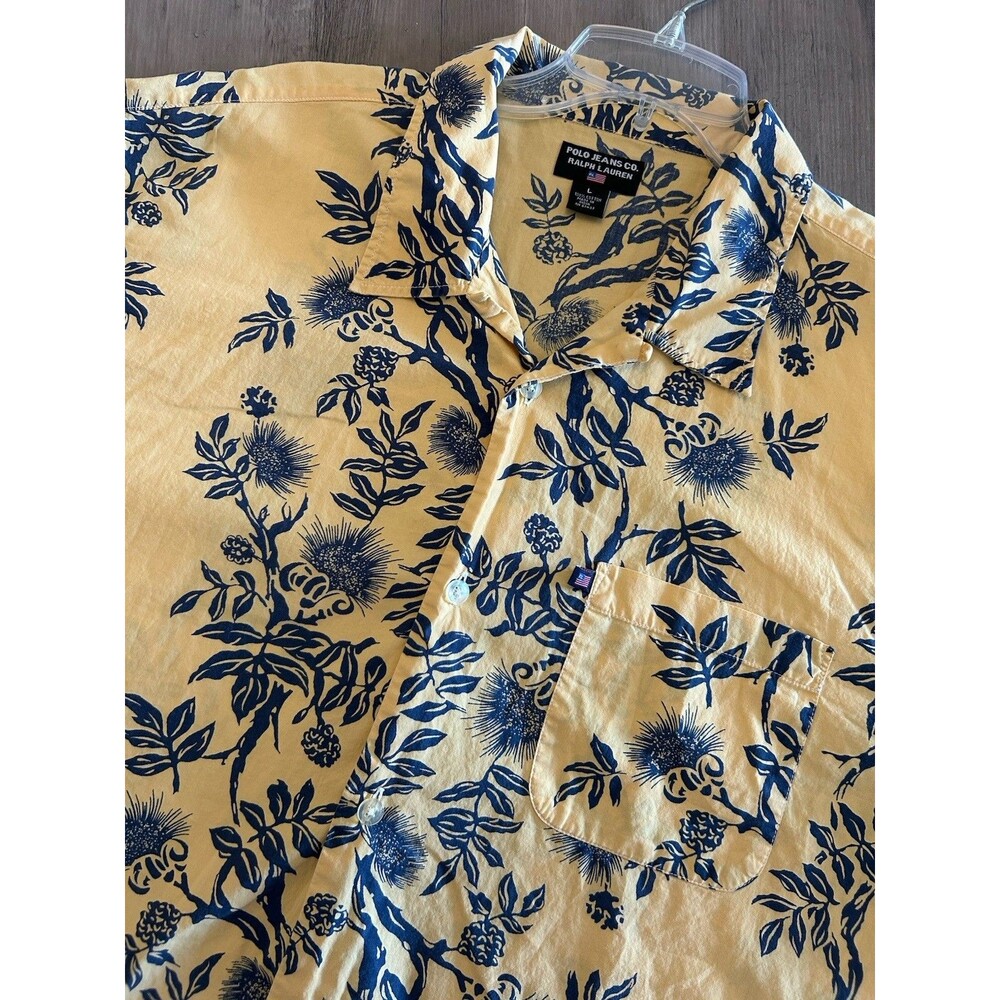 VTG Polo Jeans Co Ralph Lauren Hawaiian Short Sleeve Floral Yellow Size L
